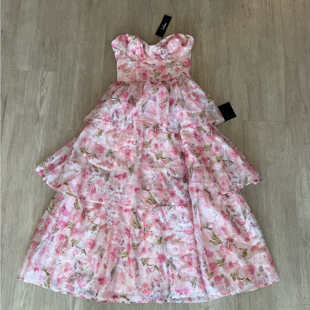 Lulus Light Pink Floral Organza Bustier Sweetheart Midi Dress